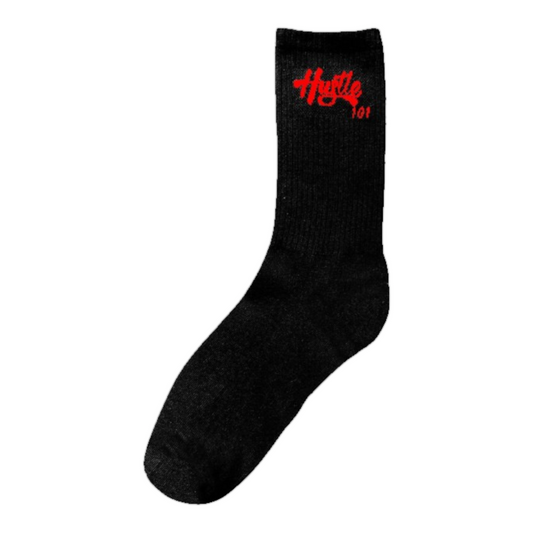 Hustle 101 socks with Red writing